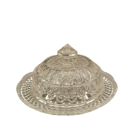 Jeannette Glass Windsor Crystal Butter Dish Clear Round Two Piece - Picture 1 of 7